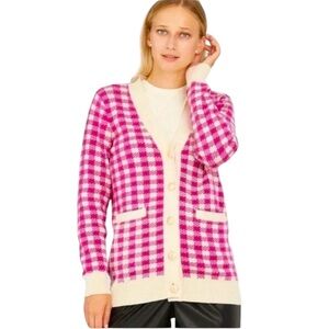 WHO WHAT WEAR Pink Houndstooth Cardigan Sweater